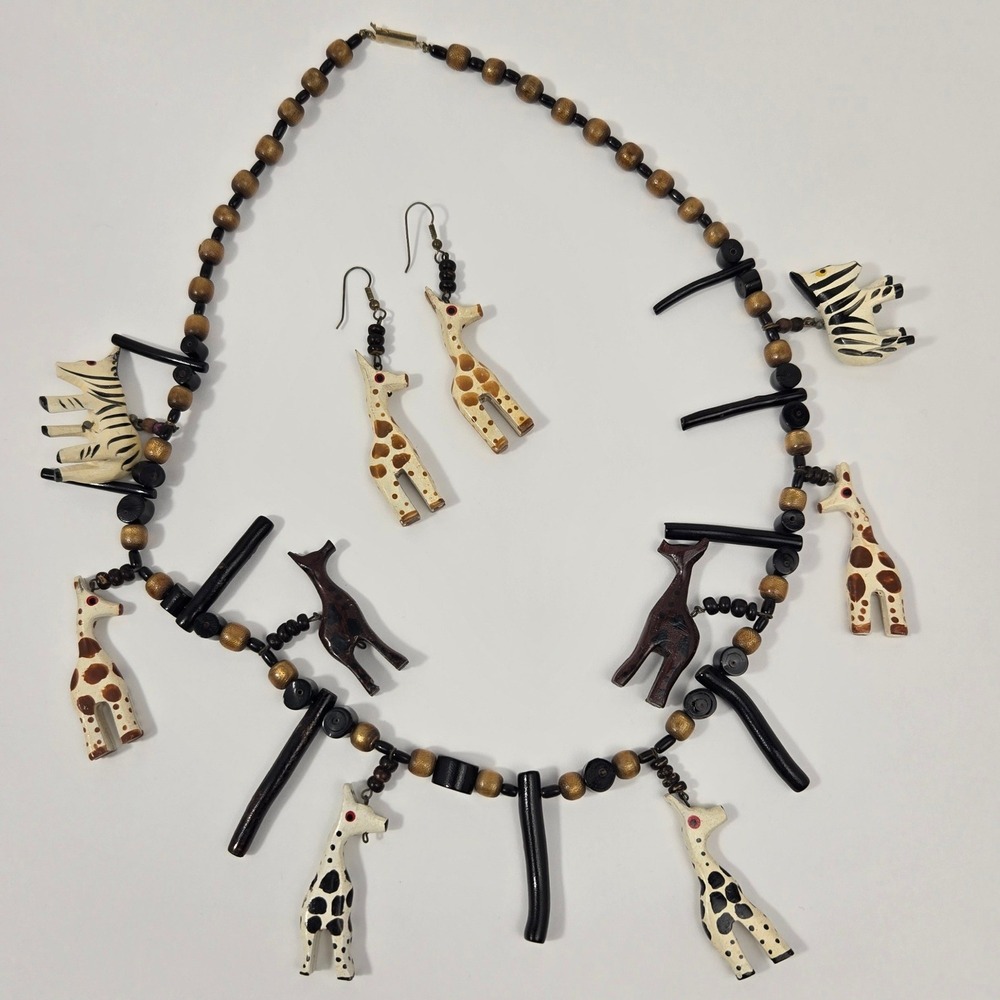 Hand Carved Wood Safari Animal Necklace Earrings Set Giraffe Zebra Boho Brown